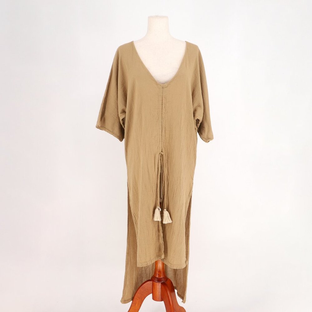 NWT HANDLOOM Kaftan Dress Textured Gauzy Cotton V-Neck Tan Brown One Size
